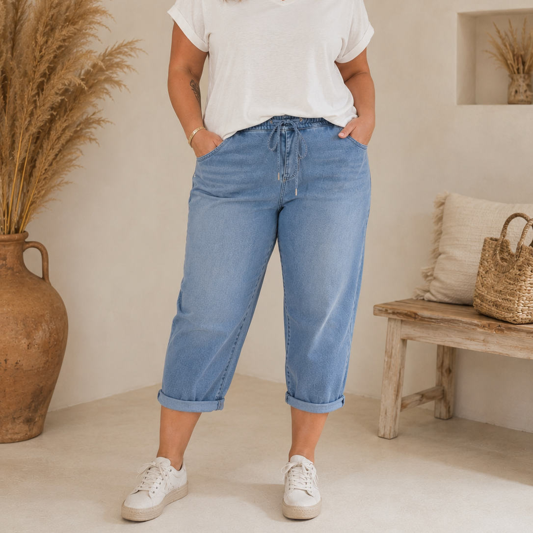Pantacourt jean taille élastiquée