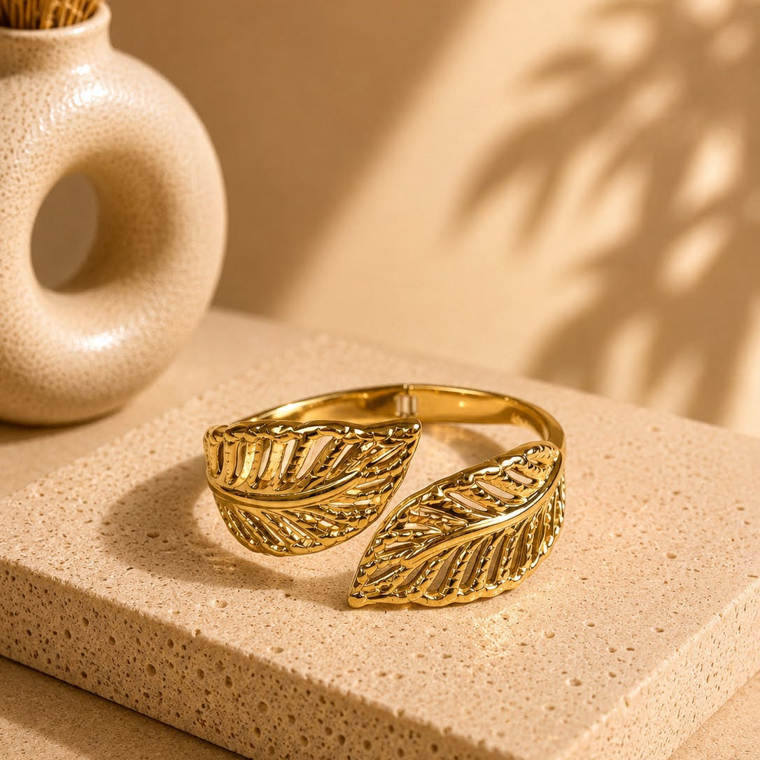 Bracelet doré double feuilles